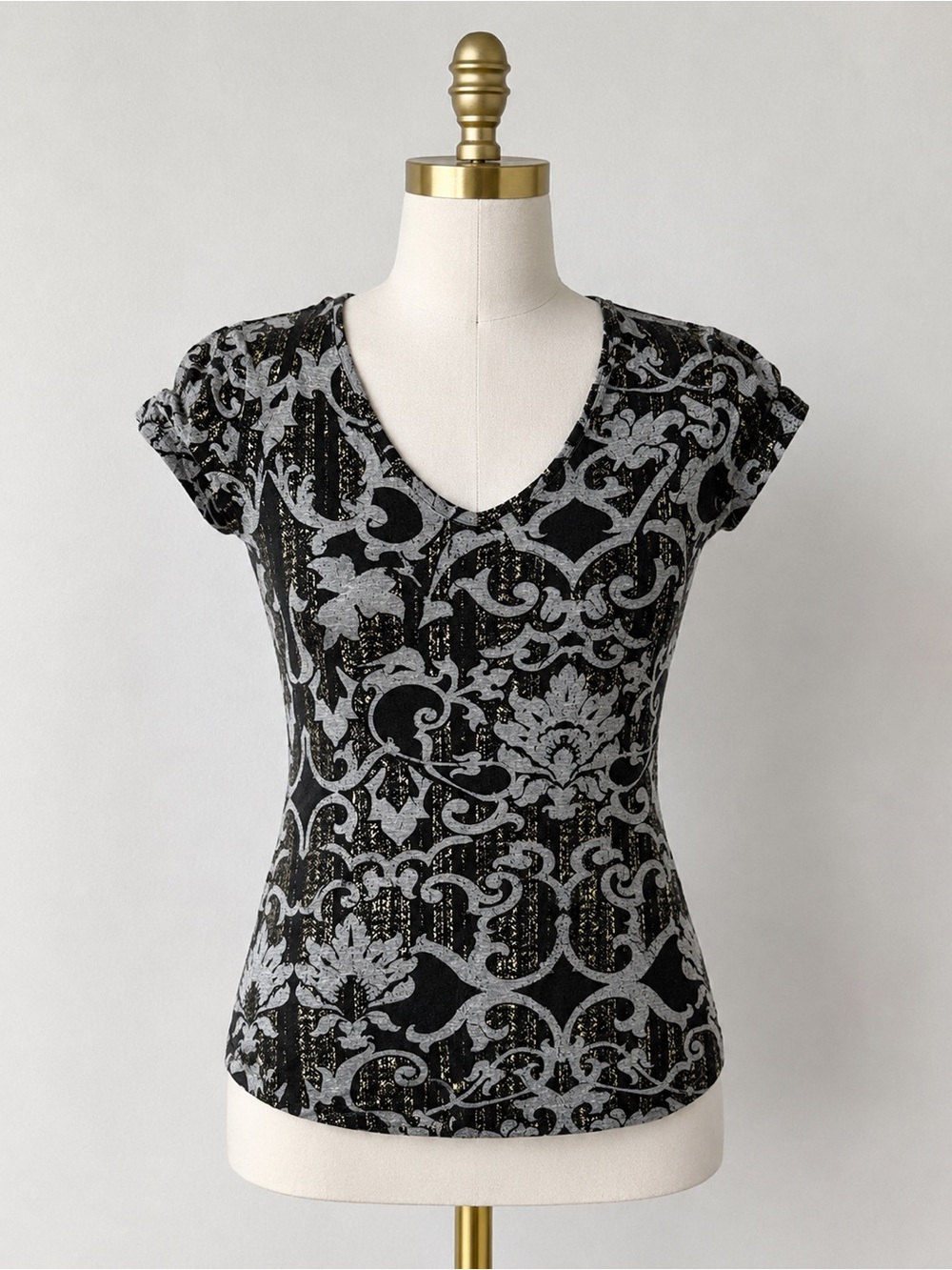 Black & Gray Damask Print Top | Stretch Short Sleeve Tee | Casual Y2K